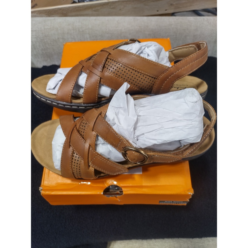 Clarks Collection Laurieann Mae Tan Leather Strappy Sandals Womens 8.5 W Wide - Picture 2 of 6